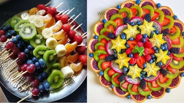 تزئین انواع میوه و چیدمان میوه برای یلدا توت فرنگی و جوز و کیوی و نارنگی و انگور